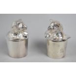 A Pair of Silver Plated Novelty Salt and Pepper Pots in the Form of Cats in Top Hats, 8cms High