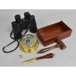 A Mahogany Auctioneers Gavel, Brass Aneroid Barometer, Wooden Handled Brass Letter Opener, British