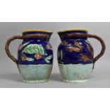 A Pair of 19th Century Majolica Jugs Decorated in Relief with Ducks in Flight and Blossoming
