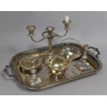 A Collection of Various Silver Plated Items to comprise Galleried Two Handled Tray, Sauce Boat,