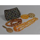 A Ladies Beadwork Evening Bag, Stratton Powder Compact, Handbag Mirror and Possibly Amber Necklace