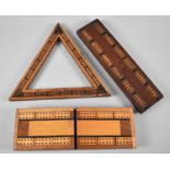 A Collection of Three Vintage Inlaid Wooden Cribbage Boards of Various Shapes