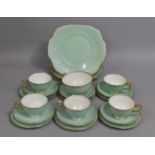 A Part Crown Staffordshire Teal and Gilt Trim Tea Set to comprise Five Cups, Sugar Bowl, Two Cake