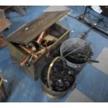 A Pressed Brass Coal Box, Copper and Brass Companion Set, Coal Buckets etc