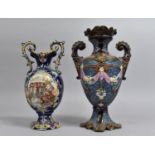 A German Majolica Glazed Vase of Urn Form Deocrated in Relief with Scrolls, Swags and Foliage,