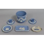 Six Pieces of Wedgwood Jasperware to comprise Cash Pot, Candle Holders, Dishes Etc