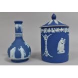 Two Pieces of Wedgwood Jasperware, Lidded Pot and Bottle Vase, 16cm and 13cm high