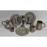 A Collection of Various Pewter Items to comprise Three Early 19th Century Plates, Large Tankard, Jug