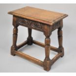 A Carved Oak Peg Jointed Stool, Some Condition issues to Corner, 46cms Wide