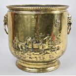 A Large Vintage Brass Coal Bucket with Lion Mask Ring Handles, 29cms Diameter and 29cms High
