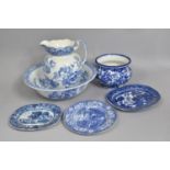 A Collection of Various Blue and White Transfer Printed Items to comprise Toilet Bowl and Jug,