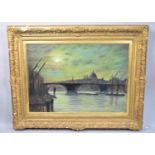 A Large Gilt Framed Oil on Board, Thames by Moonlight, Monogrammed C.T 85x59cms