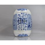 A Modern Blue and White Garden Seat of Barrel Form with Floral and Geometric Design, 46cms high