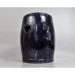 A Chinese Blue Glazed Earthenware Garden Seat of Barrel Form with Heart Shaped Pierced Sides and