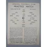 Arsenal Football Club, A Single Sheet Programme for the Practice Match Held on Sat 18th August 1938