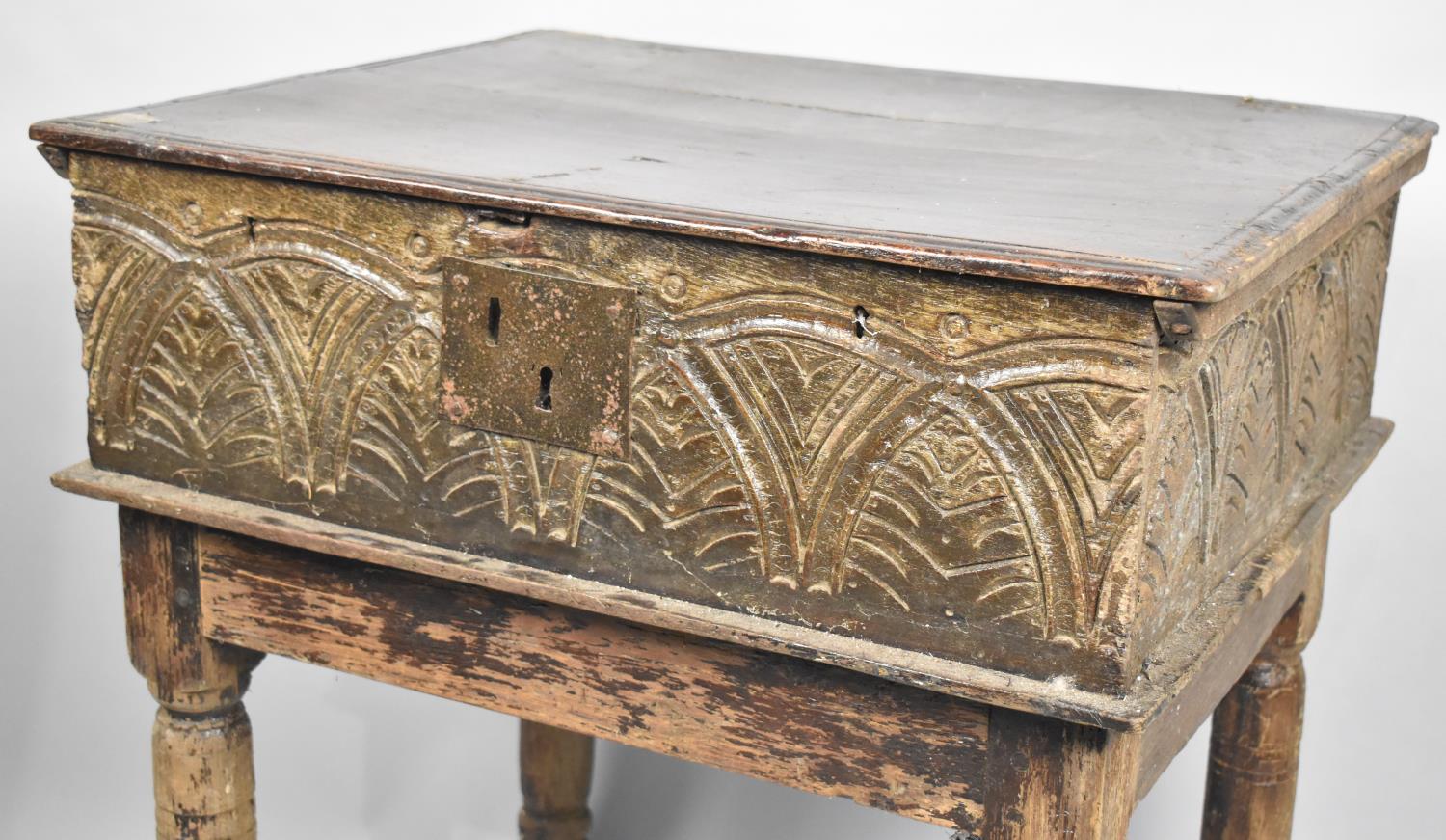 A Late 17th/Early 18th Century Carved Welsh Oak Boarded Bible Box on Stand, 66x53x71cms High - Image 2 of 3