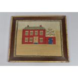 A 19th century Wool Work Picture of a Red Brick House in a Reeded Oak Frame, 47x40cms