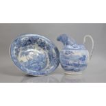 A 19th Century Pearlware Blue and White Transfer Printed Jug with Rustic Scene having Travelling