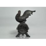 A Large and Impressive Japanese Bronze Meiji Period, Cockerel Perched on Barrel, 39cms High
