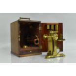 A Good Quality Mahogany Cased Lacquered Brass Monocular Microscope by M.Pillischer, London, with
