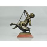 A Cast Bronze Study of Young Girl Riding Goose, Signed 'Dinee' on Tapering Marble Plinth Base, 37cms