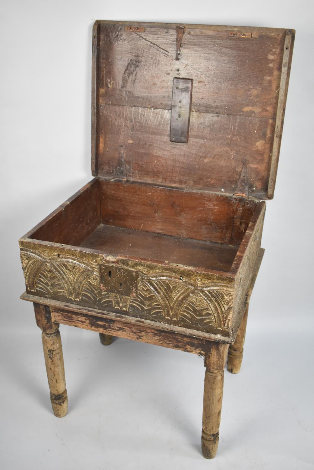 A Late 17th/Early 18th Century Carved Welsh Oak Boarded Bible Box on Stand, 66x53x71cms High - Image 3 of 3
