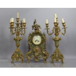 A Late 19th/Early 20th Century French Ormolu Onyx Clock Garniture with White Enamelled Dial