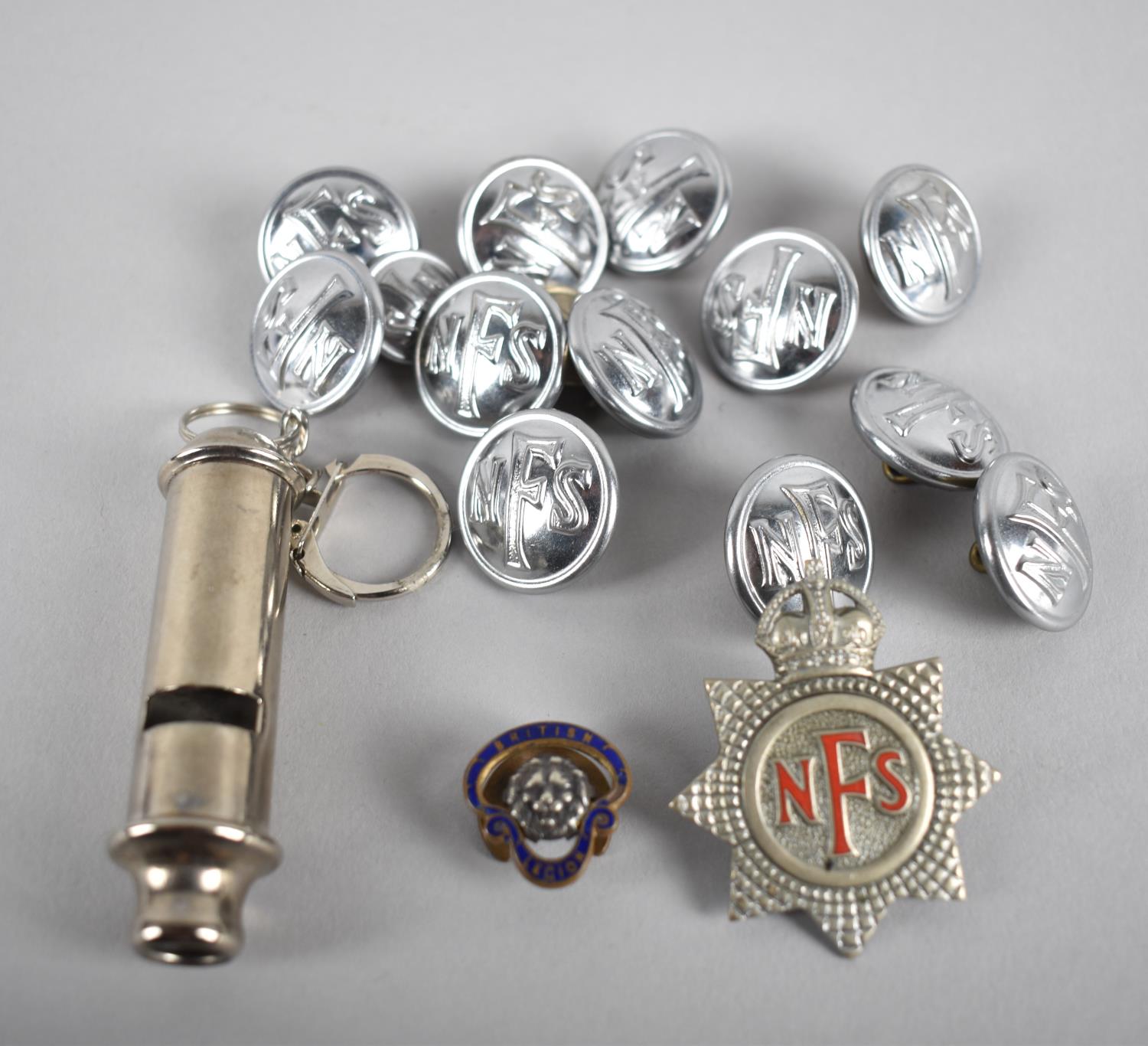 A Collection of National Fire Service Buttons, Whistle and British Legion Lapel Badge