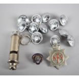 A Collection of National Fire Service Buttons, Whistle and British Legion Lapel Badge