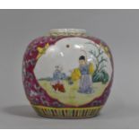 A Chinese Ginger Jar Decorated in the Famille Rose Palette with Figural Cartouches on Pink Ground,