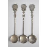 Three Chiense White Metal Coin Spoons, 17cm long