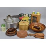 A Collection of Various Kitchen Sundries to Include Cast Iron Recipe Book Stand, Jam Pan, Egg Box
