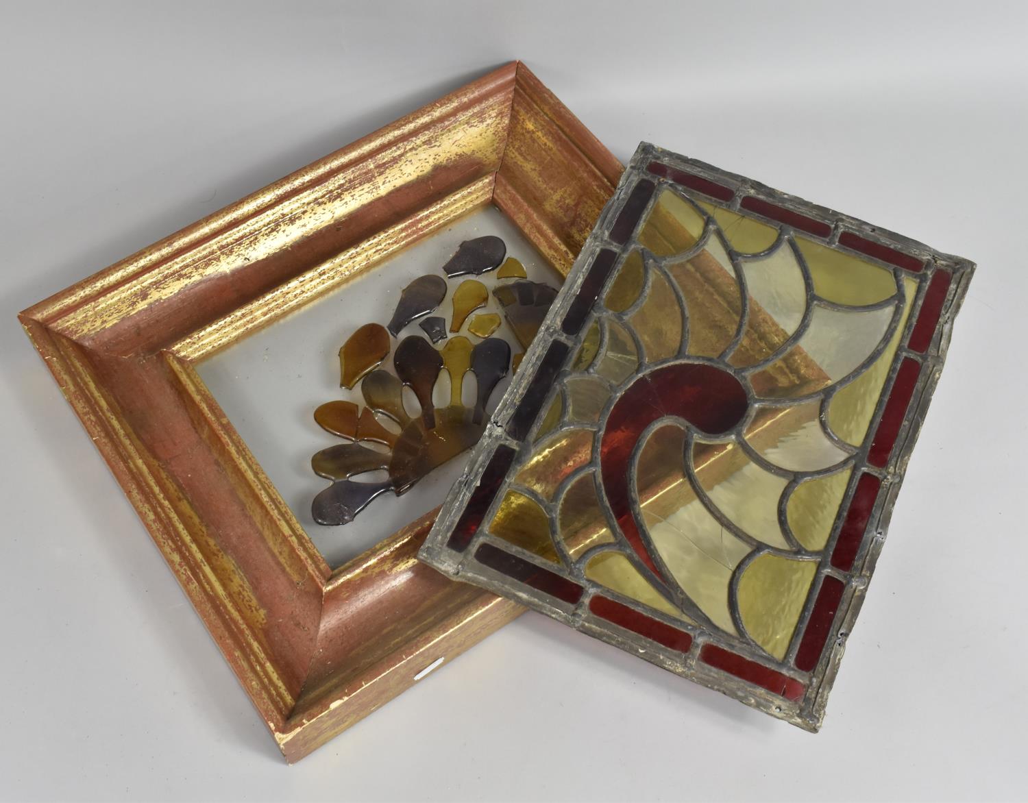 A Leaded Stained Glass Panel, 42x29cm Together with a Modern Gilt Framed Panel
