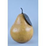 A Large Glazed Terracotta Study of a Pear with Metal Leaf and Stalk, 24cms High