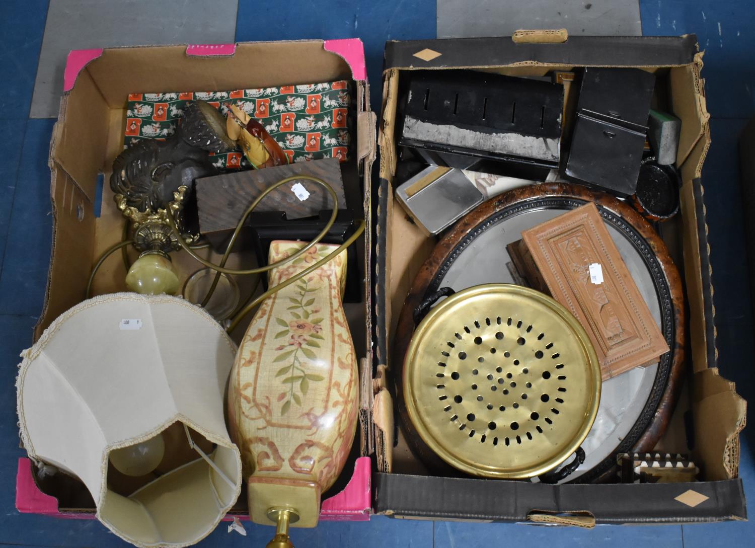 Two Boxes of Various Sundries to Comprise Souvenir Ornaments, Lamp Base, Mirror etc