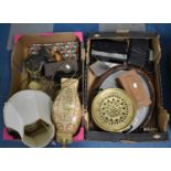 Two Boxes of Various Sundries to Comprise Souvenir Ornaments, Lamp Base, Mirror etc