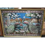A Large Gilt Framed Wall Hanging Depicting Peacocks in Country House Park, 142x100cm