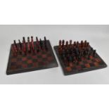 Two African Carved Wooden Chess Sets and Boards, Incomplete, 38.5 and 35.5cm Square