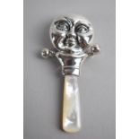 A Sterling Silver and Mother of Pearl Handled Babies Teether Rattle, The Moon, 8cm Long
