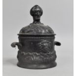 A Late 19th Century Cast Iron Tobacco Pot, Two Scrolled Handles, Armorial Stag Decoration and Mask