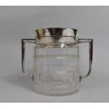 A Mid 20th century Silver Plate and Glass Two Handled Biscuit Barrel by John Grinsell and Son, 13cms