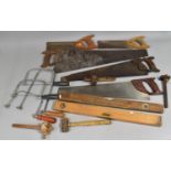 A Collection of Various Vintage and Later Tools to Include Saws, Levels etc