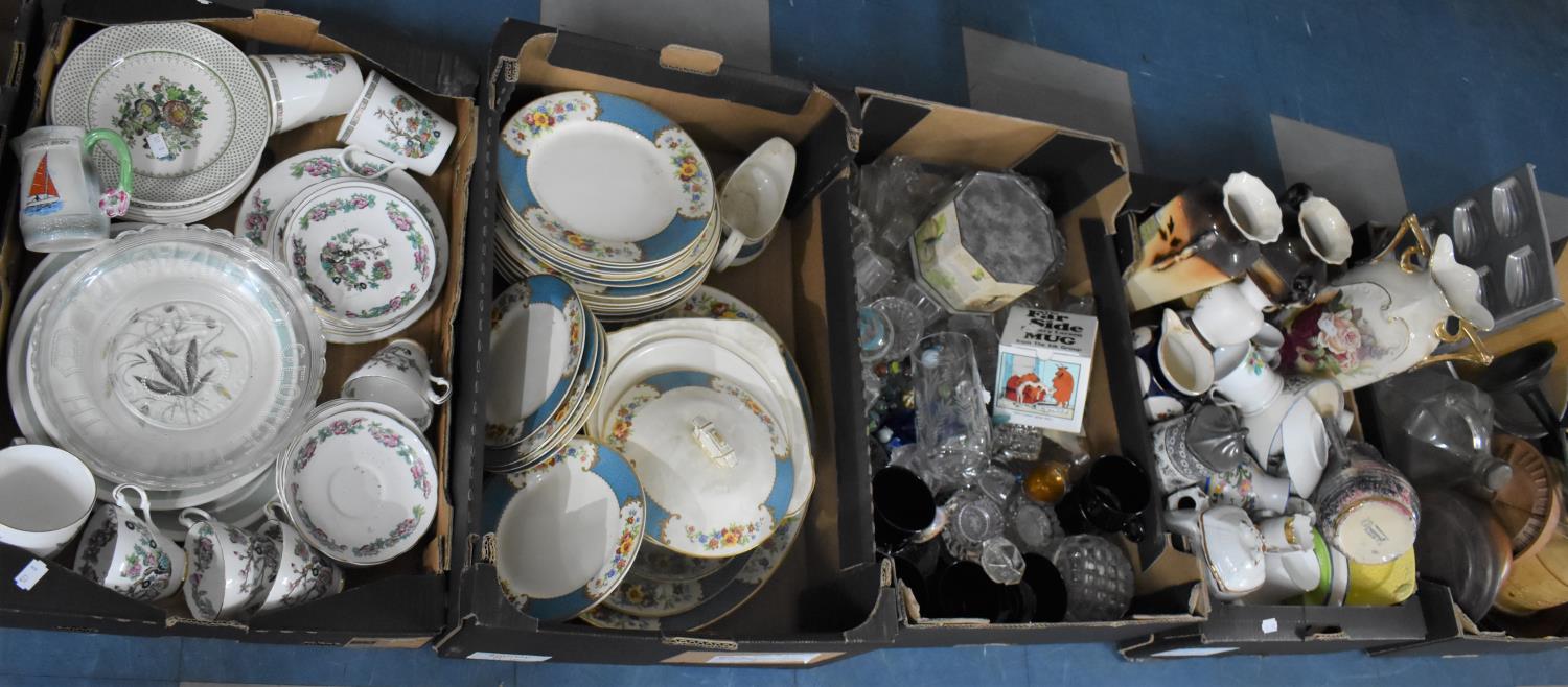 Four Boxes of Various Ceramics and Glassware to Include Part Dinner Service, Teawares, Glassware,