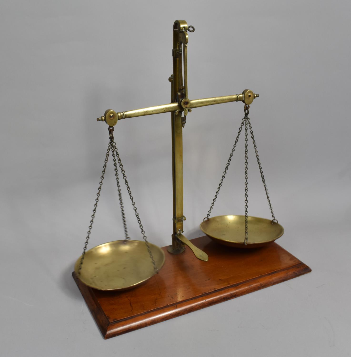 A Set of Late 19th century Brass Pan Scales on Mahogany Wooden Plinth by J Hare, 46cms Wide and