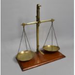 A Set of Late 19th century Brass Pan Scales on Mahogany Wooden Plinth by J Hare, 46cms Wide and