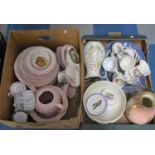 Two Boxes of Various Ceramics to Comprise Pink Glazed Tea and Dinnerwares, Blue and White Transfer