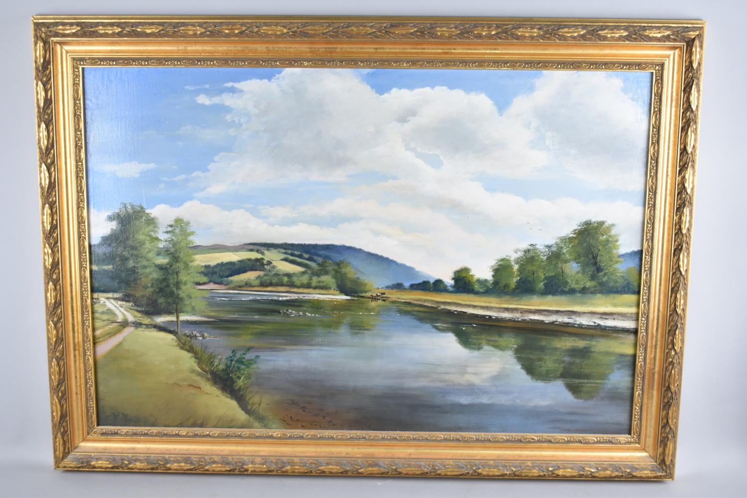 A Framed Oil on Canvas, River Scene with Cattle and Sheep, 75x49cm