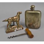 A Silver Plated Hip Flask, Wooden Handled Corkscrew and a English Setter Door Knocker