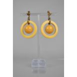 A Pair of Unusual Vintage Pale Yellow Bakelite Hoop and Sphere Screw Back Earrings, Stamped to