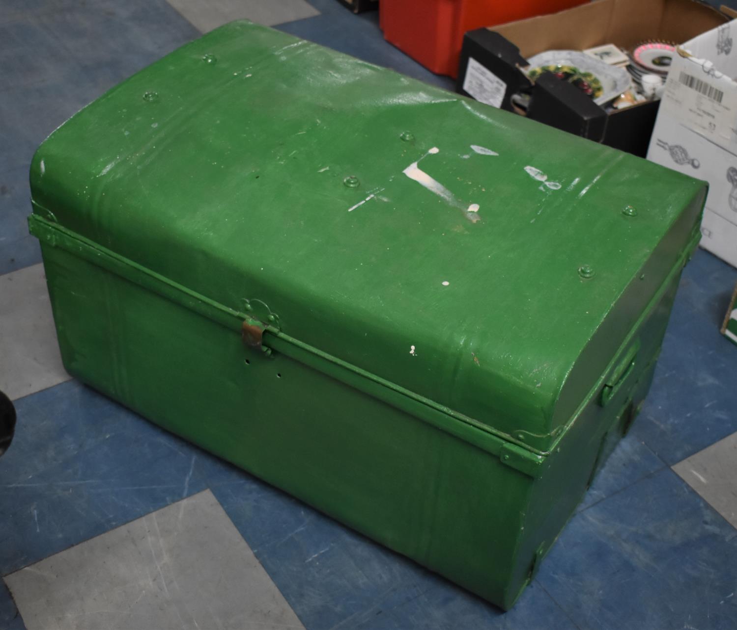 A Green Painted Dome Topped Metal Trunk, 75cms Wide
